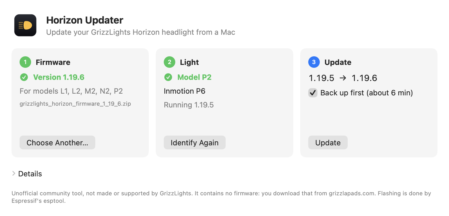 Horizon Updater window: firmware 1.19.6 loaded, light identified as P2 (Inmotion P6), Update button ready
